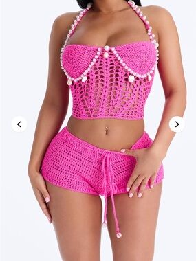 Fashionnova Pink Pearl Crochet Bikini Set